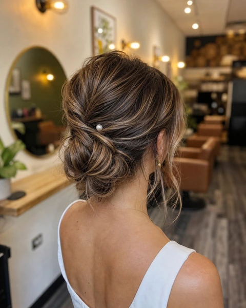 Elegant low bridal updo shown from the back in a warm salon setting