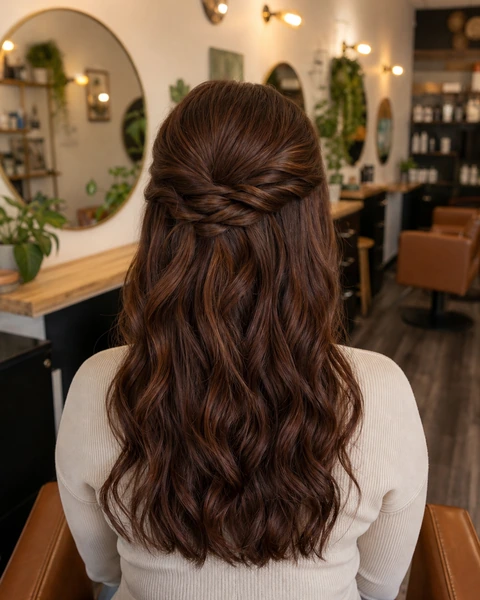 Romantic auburn-brunette half-up event style shown from crown through ends