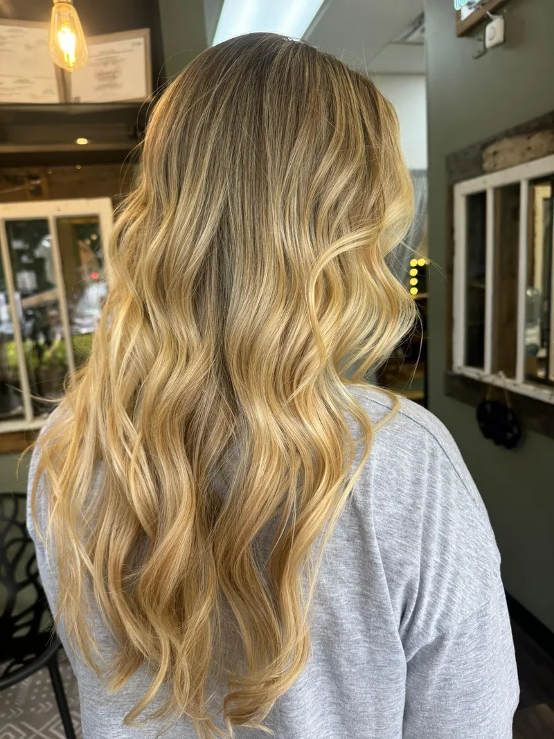 Golden-blonde waves with deeper roots, viewed from the back