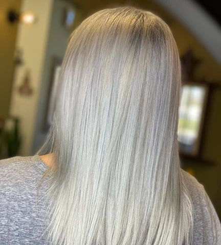Sleek silver salon result with a straight glossy controlled finish