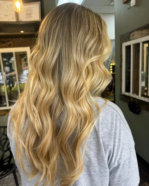 Golden balayage ribbons with dimensional shine from crown through long ends