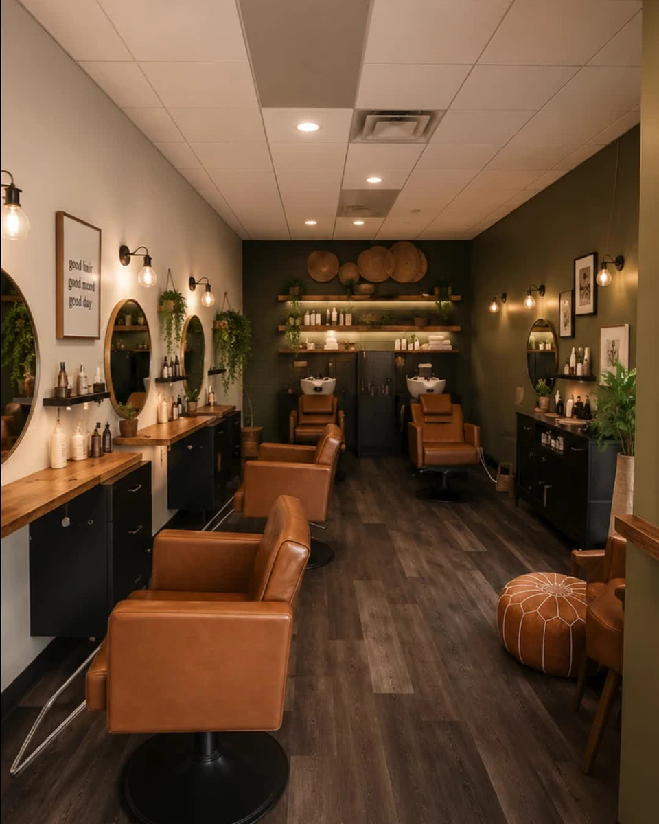 Warm wood, sage walls and tidy stations inside Good Vibes Salon