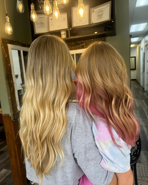 Blonde and rose creative color results photographed from the back