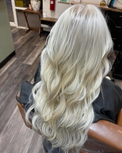 Platinum blonde salon result photographed from the back