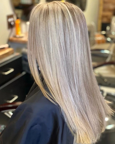 Sleek silver salon result photographed from the back