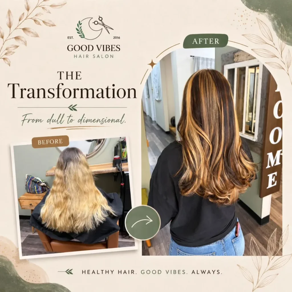Before-and-after balayage transformation from grown-out blonde hair to a soft dimensional brunette-and-blonde blend.