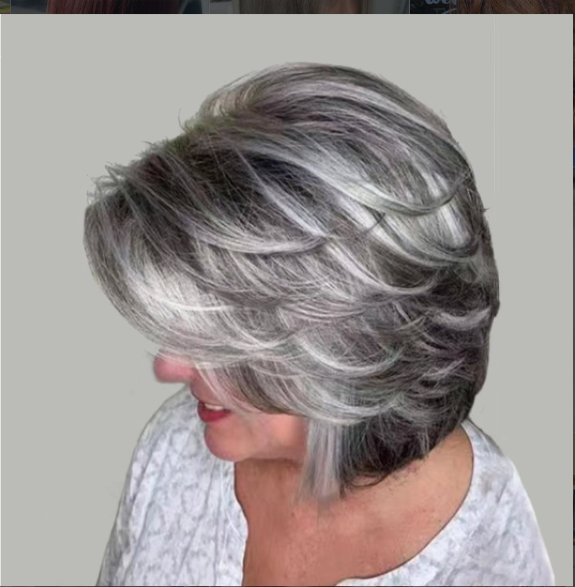 Layered salt and pepper hairstyle with silver and charcoal dimension