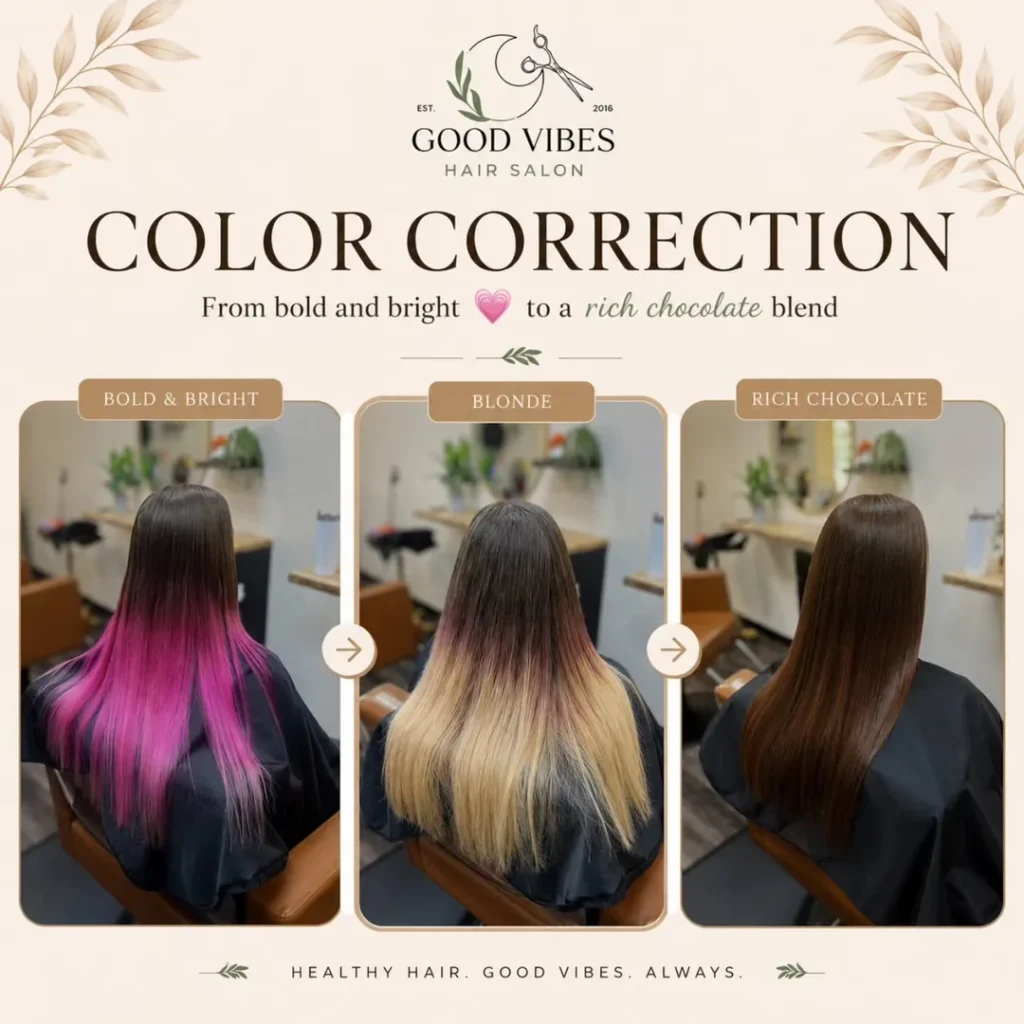 Three-stage color correction showing vivid pink hair, a blonde transition stage, and the finished rich chocolate-brown result.